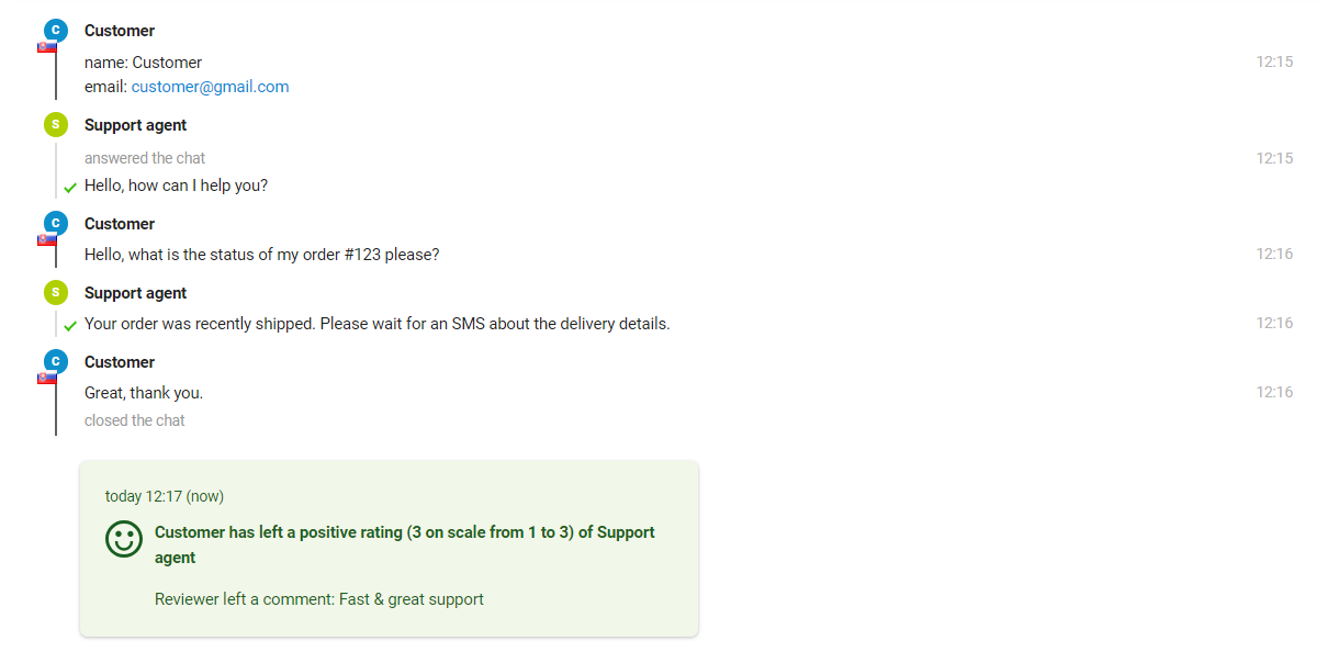 Hình ảnh cho thấy tương tác giữa khách hàng và đại lý hỗ trợ, nơi đại lý có thể thấy xếp hạng ở cuối tin nhắn