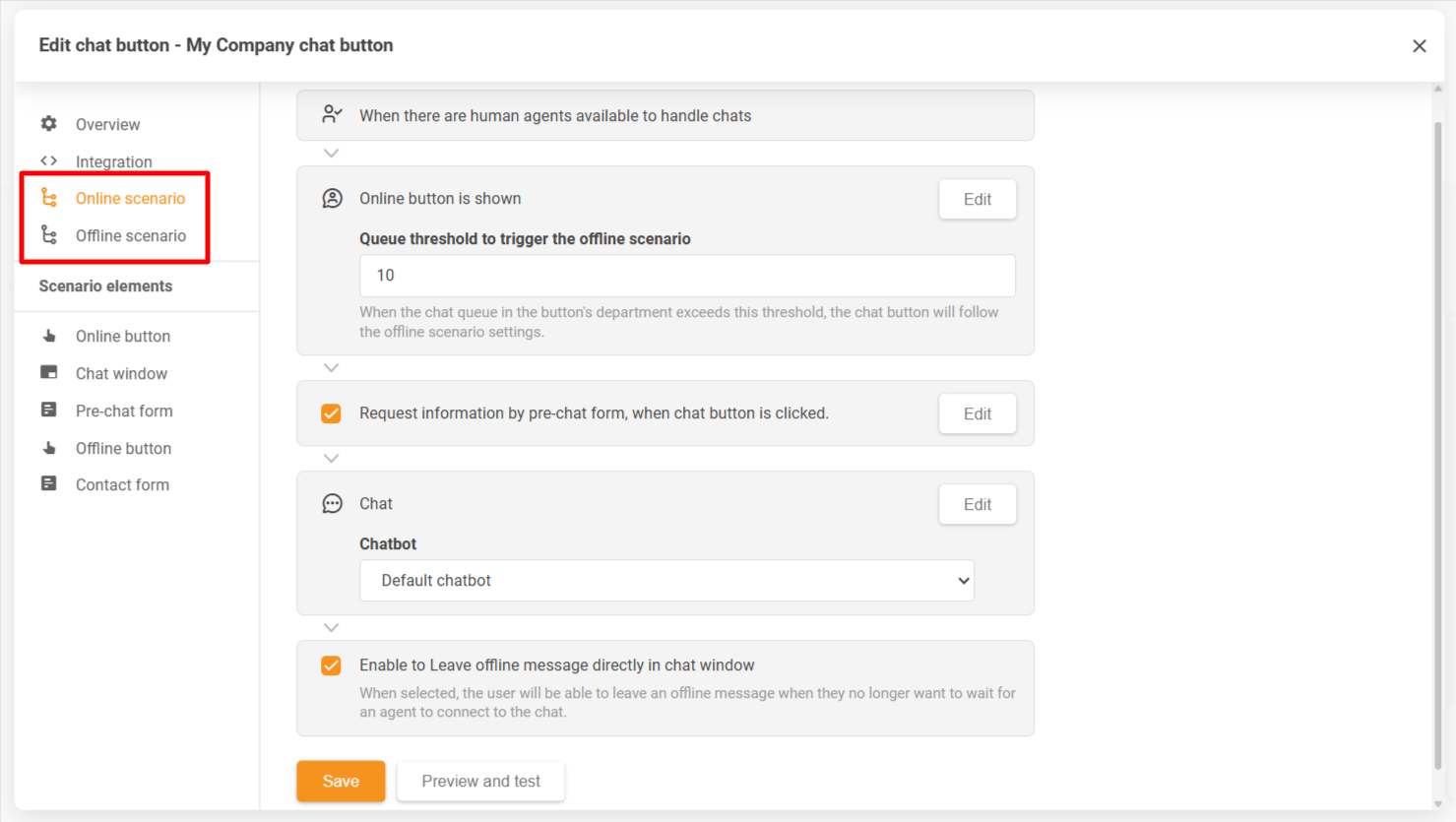 Cửa sổ cấu hình nút trò chuyện LiveAgent hiển thị các kịch bản trực tuyến và ngoại tuyến