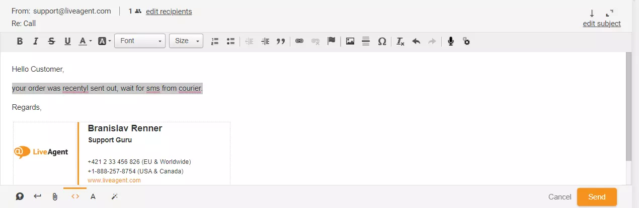 Hình ảnh hiển thị phản hồi vé được tô sáng trong LiveAgent