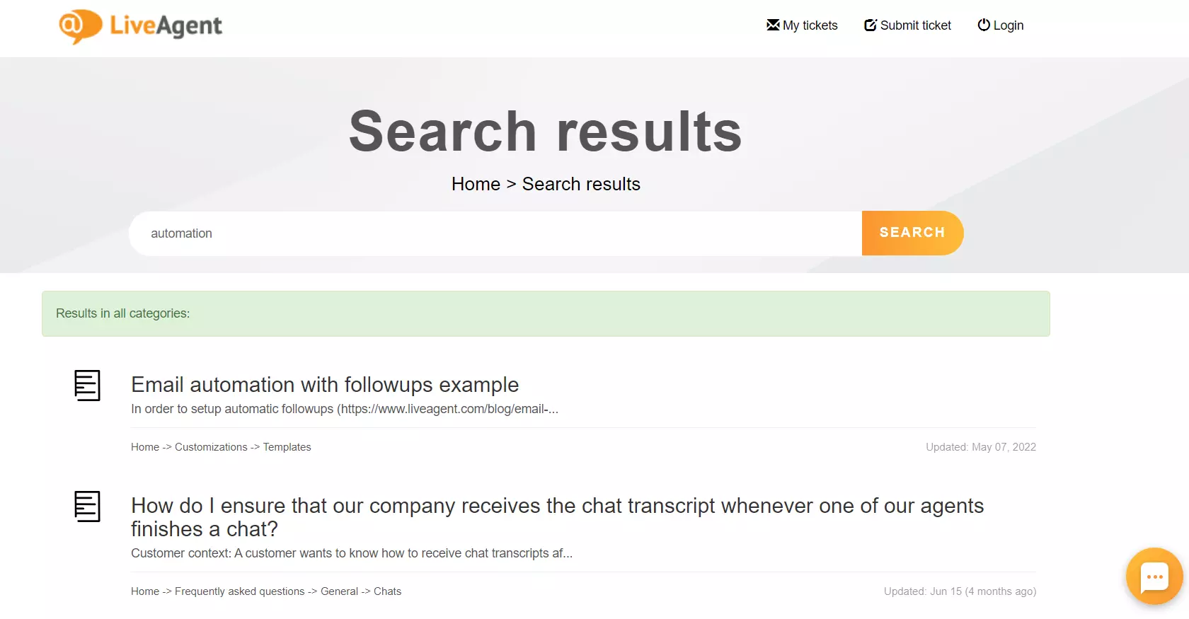 LiveAgent knowledge base search feature