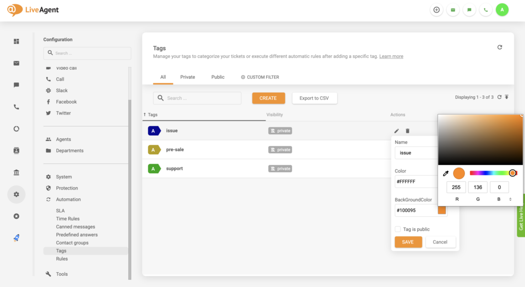 Cập nhật cài đặt thay đổi màu thẻ trong LiveAgent