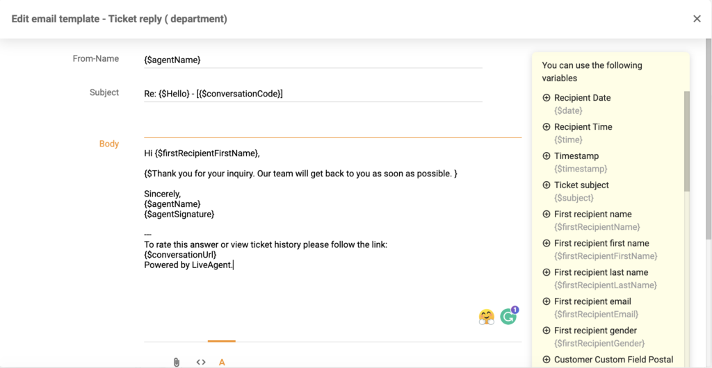 Trình chỉnh sửa mẫu mới trong LiveAgent 5.26