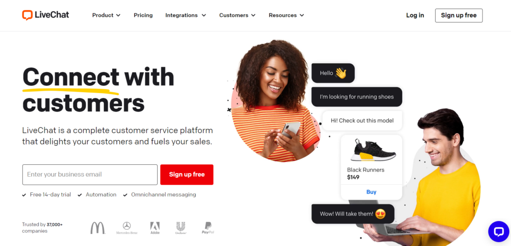 Ảnh chụp màn hình trang chủ LiveChat, nền tảng dịch vụ khách hàng để quản lý các tương tác của khách hàng