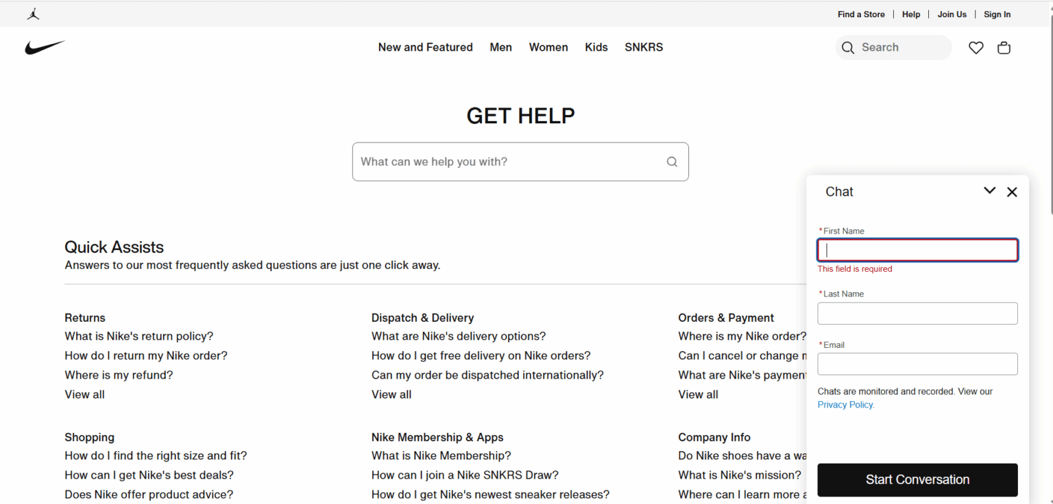 AI Chatbot trên trang web Nike