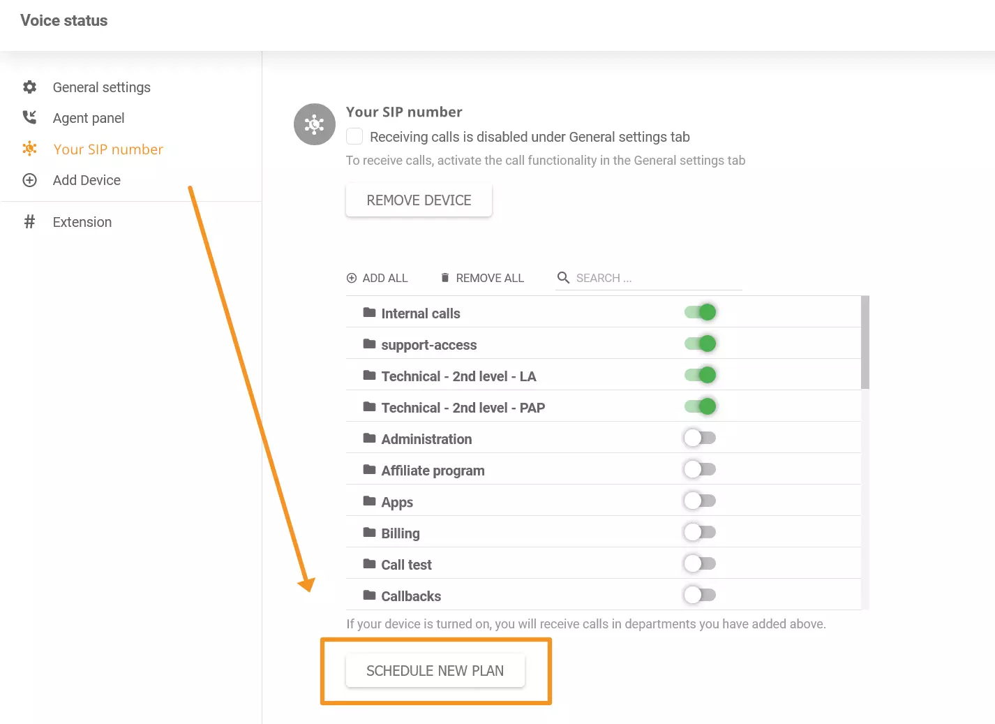 Hình ảnh hiển thị nơi tìm tính năng trình lên lịch điện thoại mới trong LiveAgent