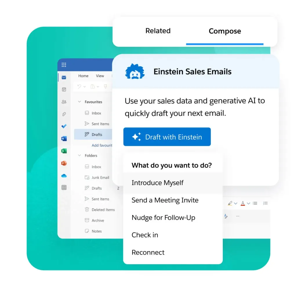 Giao diện Salesforce Einstein Sales Emails hiển thị các tùy chọn soạn thảo email được hỗ trợ bởi AI.