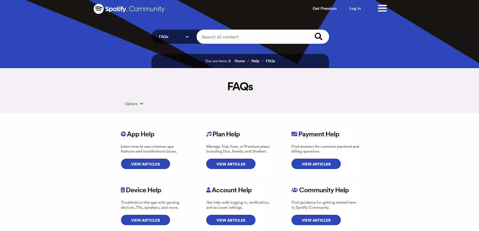 Trang Câu hỏi thường gặp của Spotify