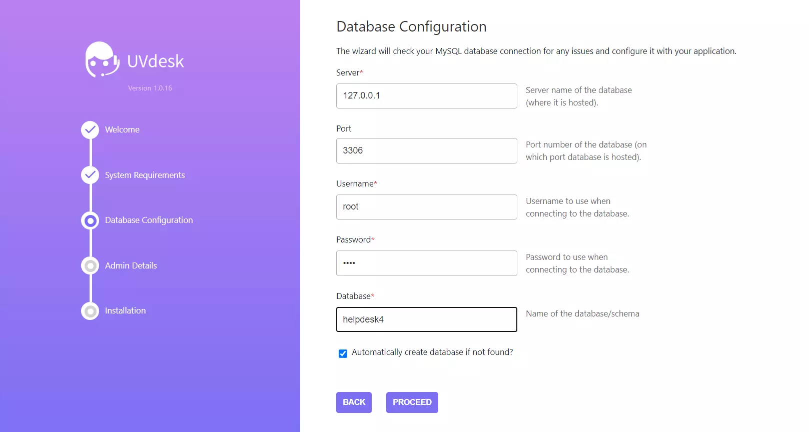 An example of UVdesk's installation wizard