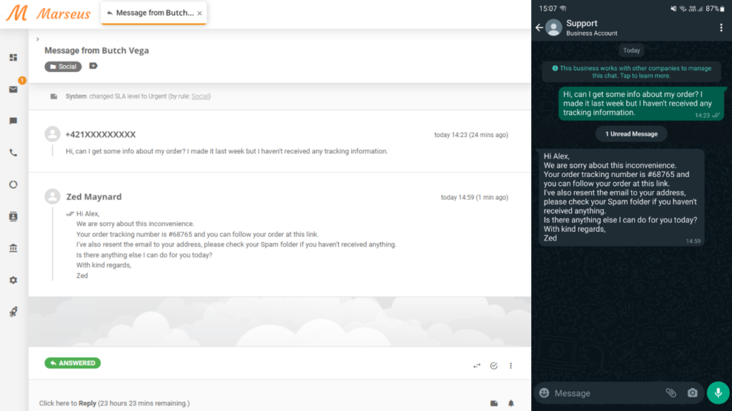 Tin nhắn WhatsApp được hiển thị dưới dạng vé trong LiveAgent