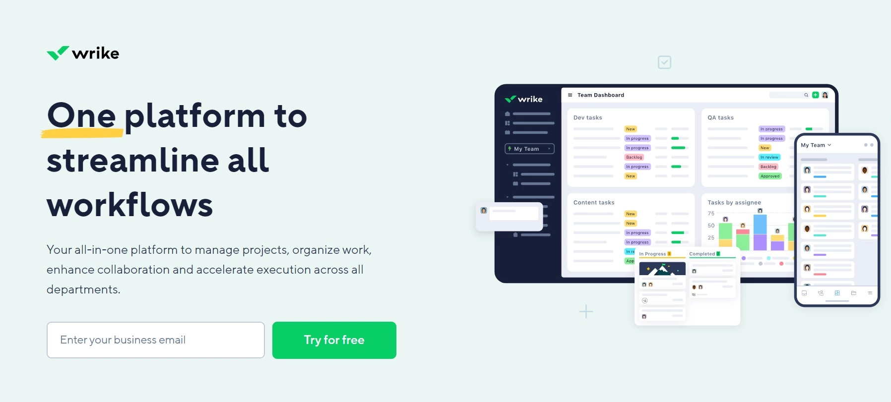 Trang chủ của Wrike - một nền tảng toàn diện để quản lý dự án, tổ chức công việc và nâng cao cộng tác trên các bộ phận.