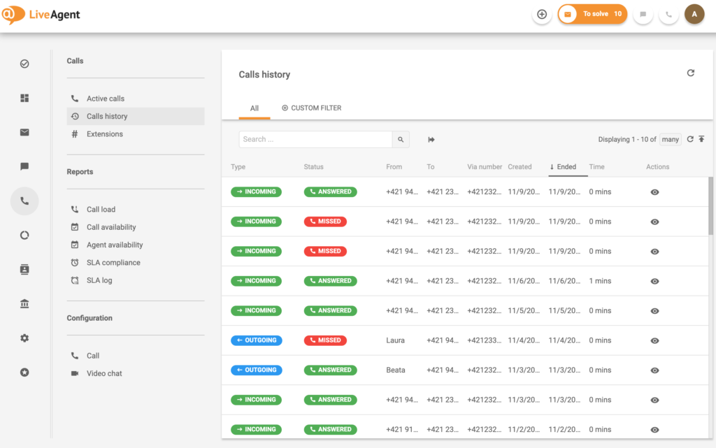 Quản lý trung tâm cuộc gọi - lịch sử cuộc gọi
