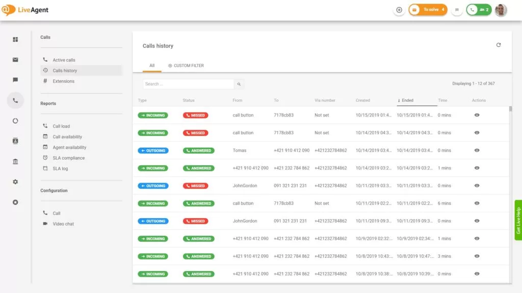 Tổng quan về giao diện trung tâm cuộc gọi trong LiveAgent.