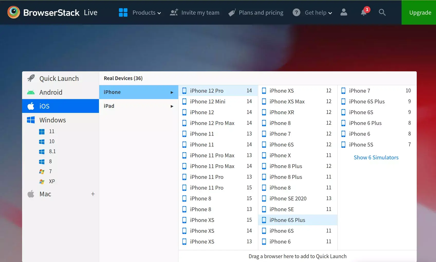 BrowserStack mô phỏng nhiều nền tảng di động và phiên bản hệ điều hành