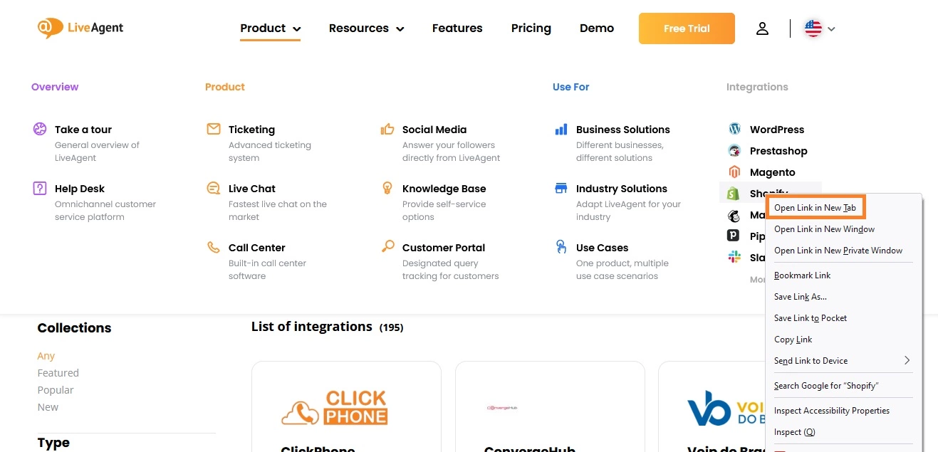 Ví dụ về tab mới trên trang của LiveAgent