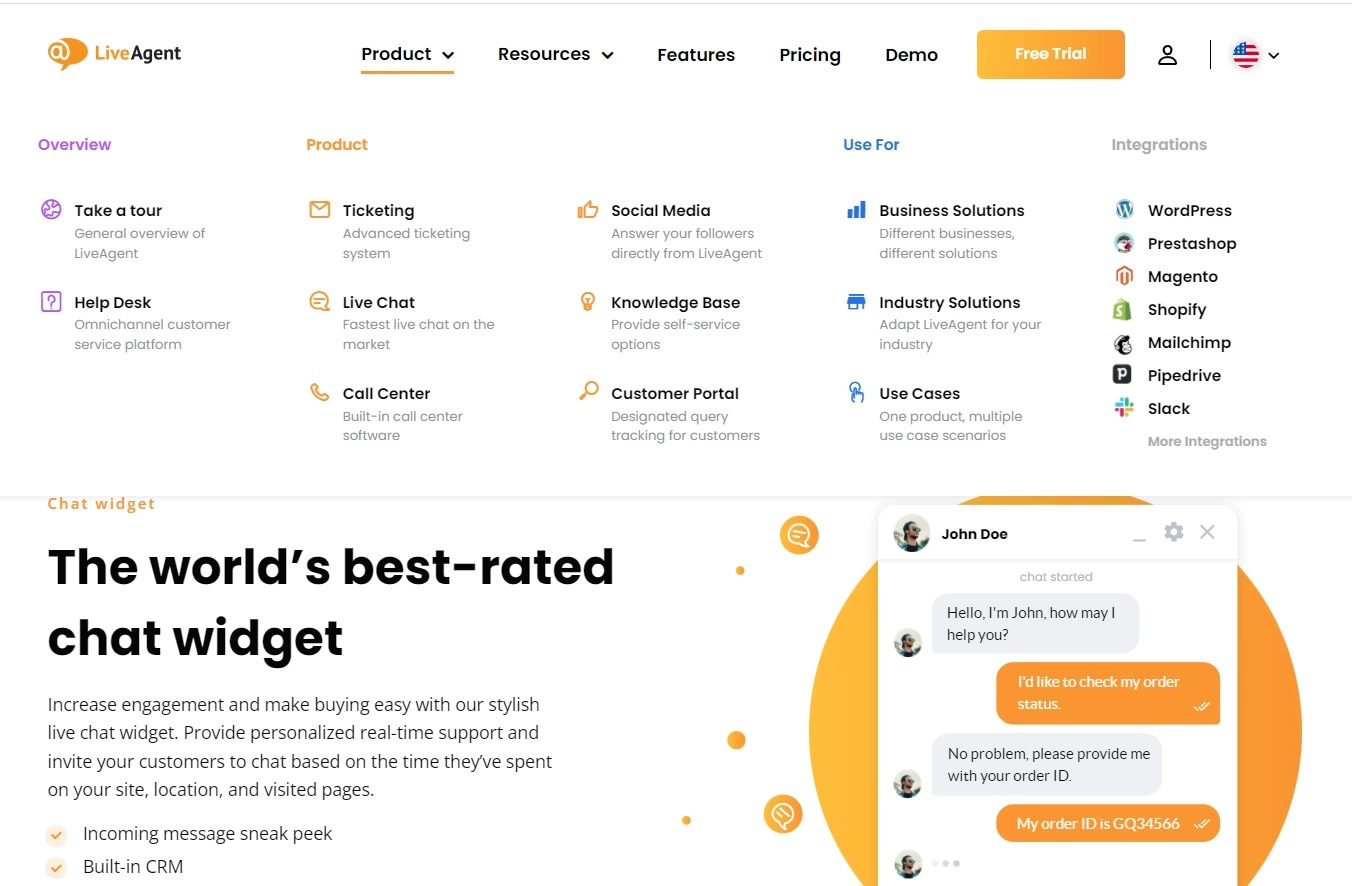 Điều hướng sản phẩm của LiveAgent