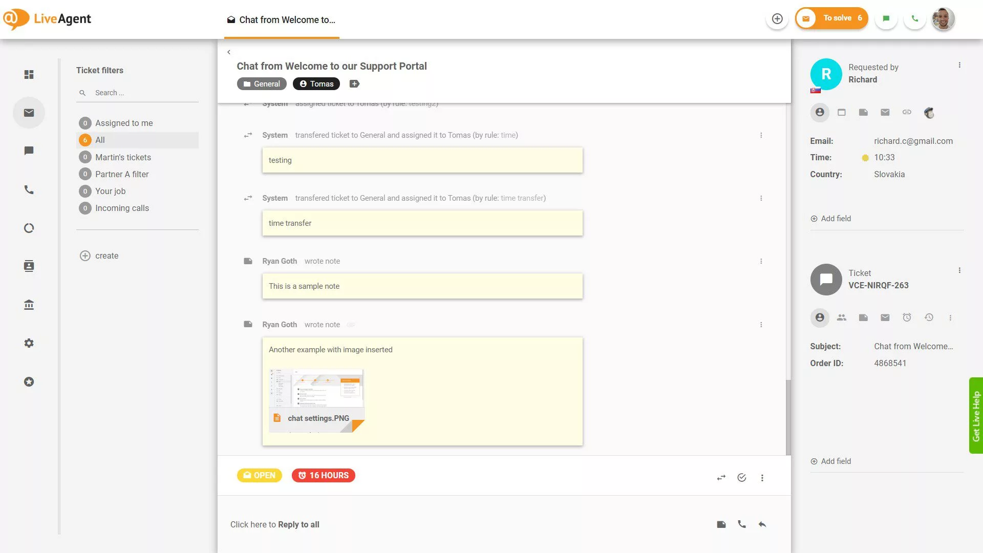 Ghi chú bên trong vé trong LiveAgent