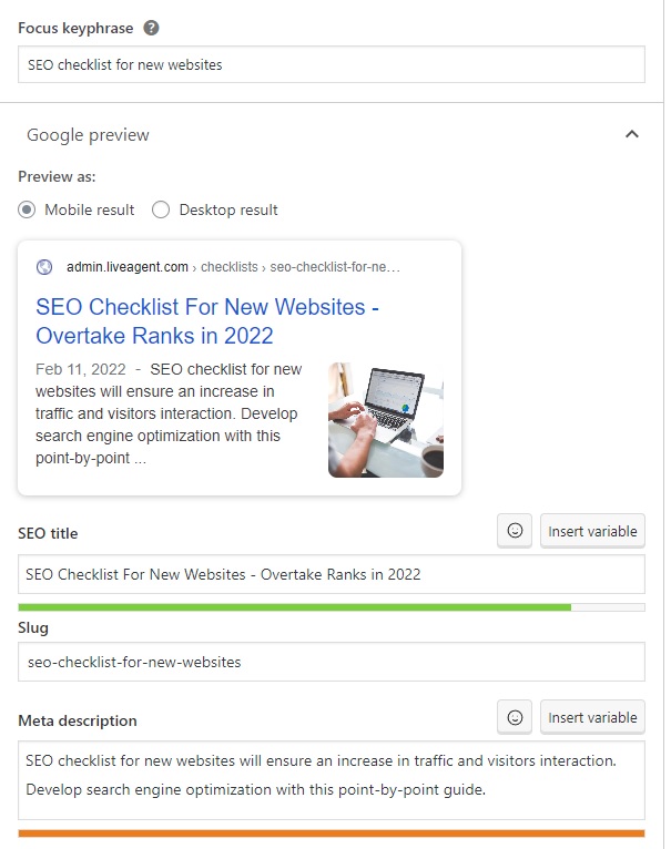 LiveAgent - ví dụ về keyphrase, tiêu đề SEO và mô tả meta