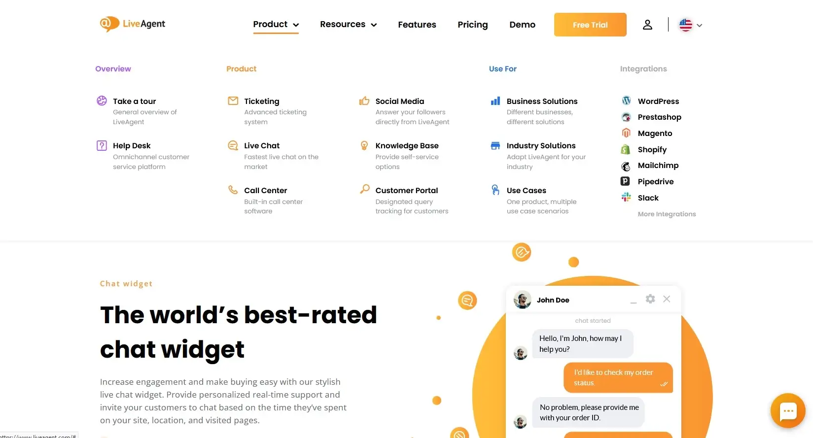 Tab sản phẩm của LiveAgent