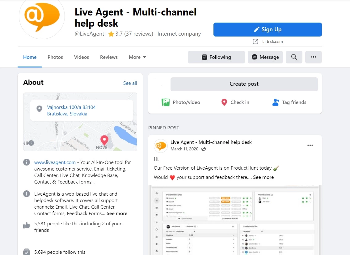 LiveAgent - trang chủ Facebook