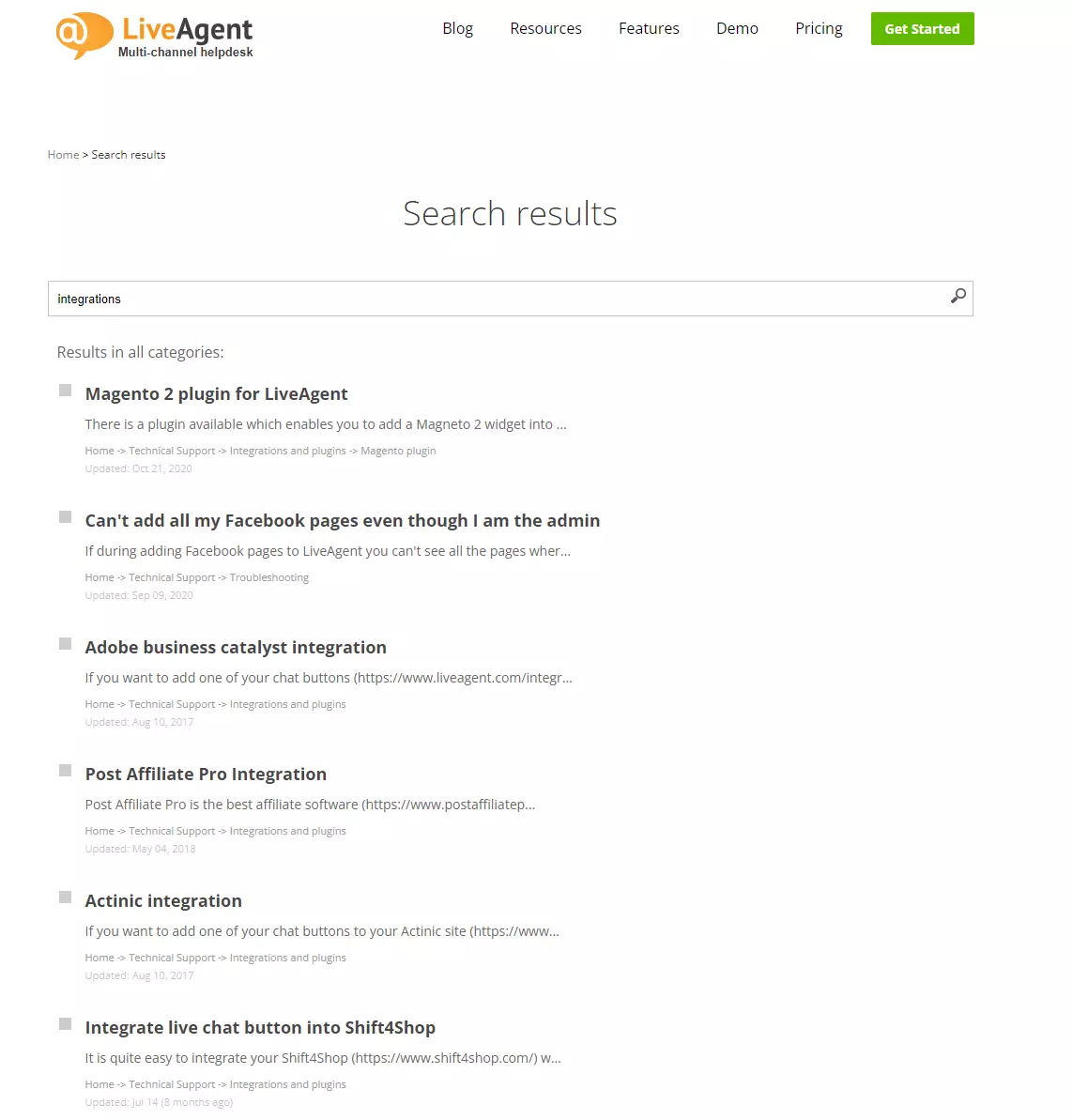 Cổng thông tin hỗ trợ LiveAgent - tích hợp