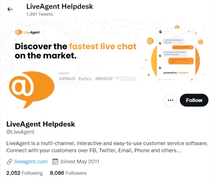 trang chủ Twitter của LiveAgent