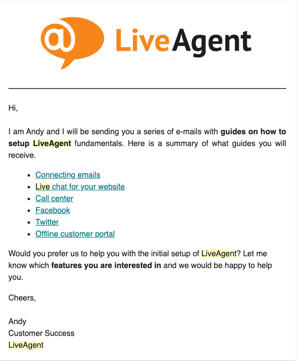 Email onboarding LiveAgent