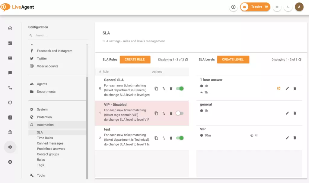 Cài đặt thời gian SLA phản hồi và giải quyết của LiveAgent