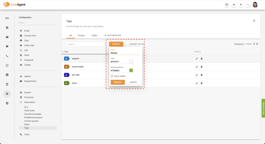 Tạo nhãn tùy chỉnh trong LiveAgent