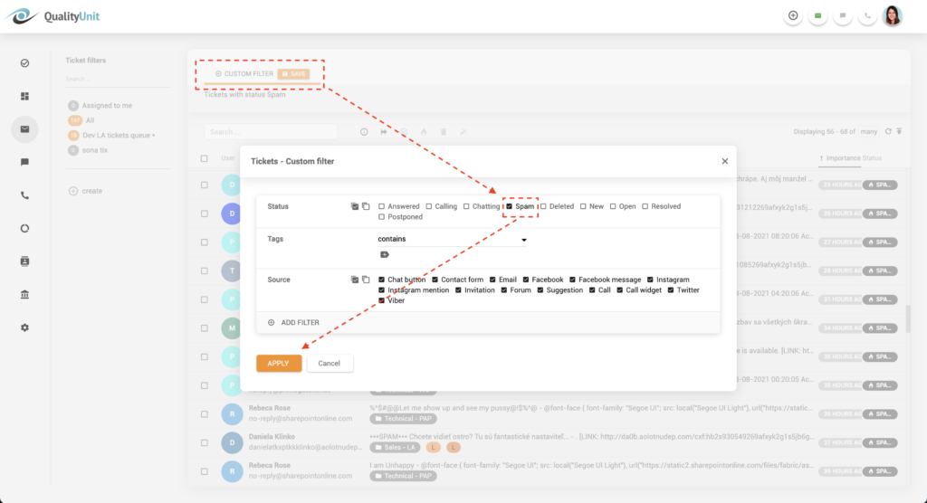 Bộ lọc spam trong LiveAgent