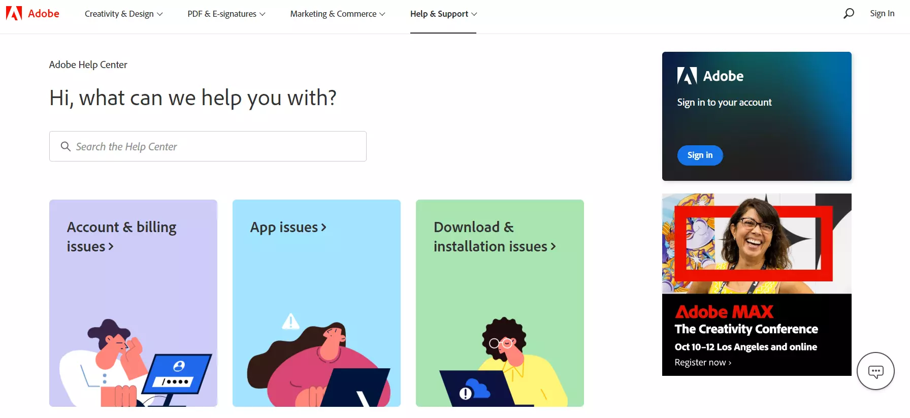 Trang đích cơ sở kiến thức Adobe, hiển thị hệ thống quản lý kiến thức của họ.