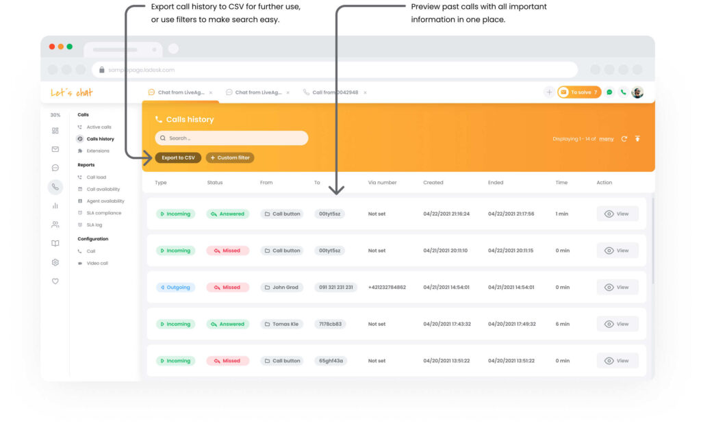 Lịch sử cuộc gọi trung tâm cuộc gọi trong LiveAgent