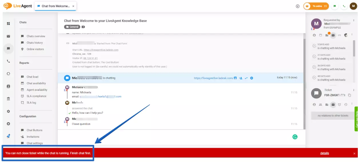 LiveAgent - cảnh báo chat chưa giải quyết