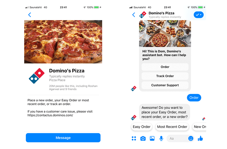 Live chat Messenger của Domino's Pizza để đặt hàng