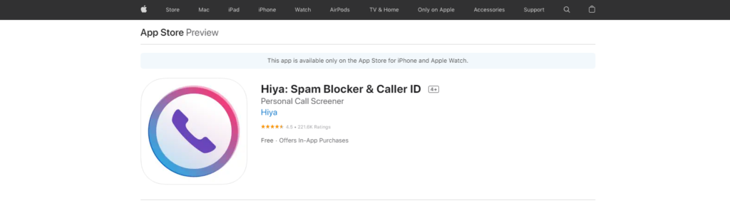 Trang web Hiya: Spam Blocker & Caller ID App Store