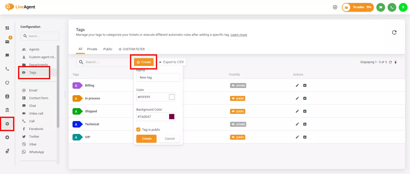 Hình ảnh cho thấy nơi tìm và tạo thẻ trong LiveAgent