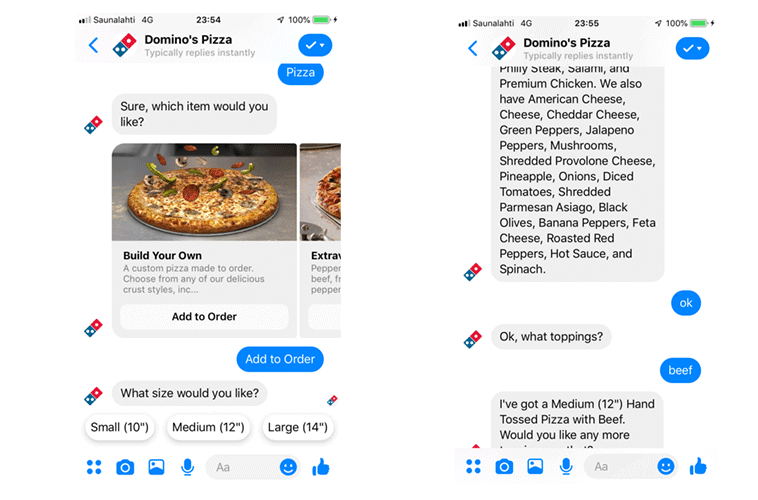Tiếp tục quá trình đặt hàng live chat của Domino's Pizza