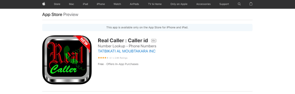 Trang web Real Caller: Caller id App Store