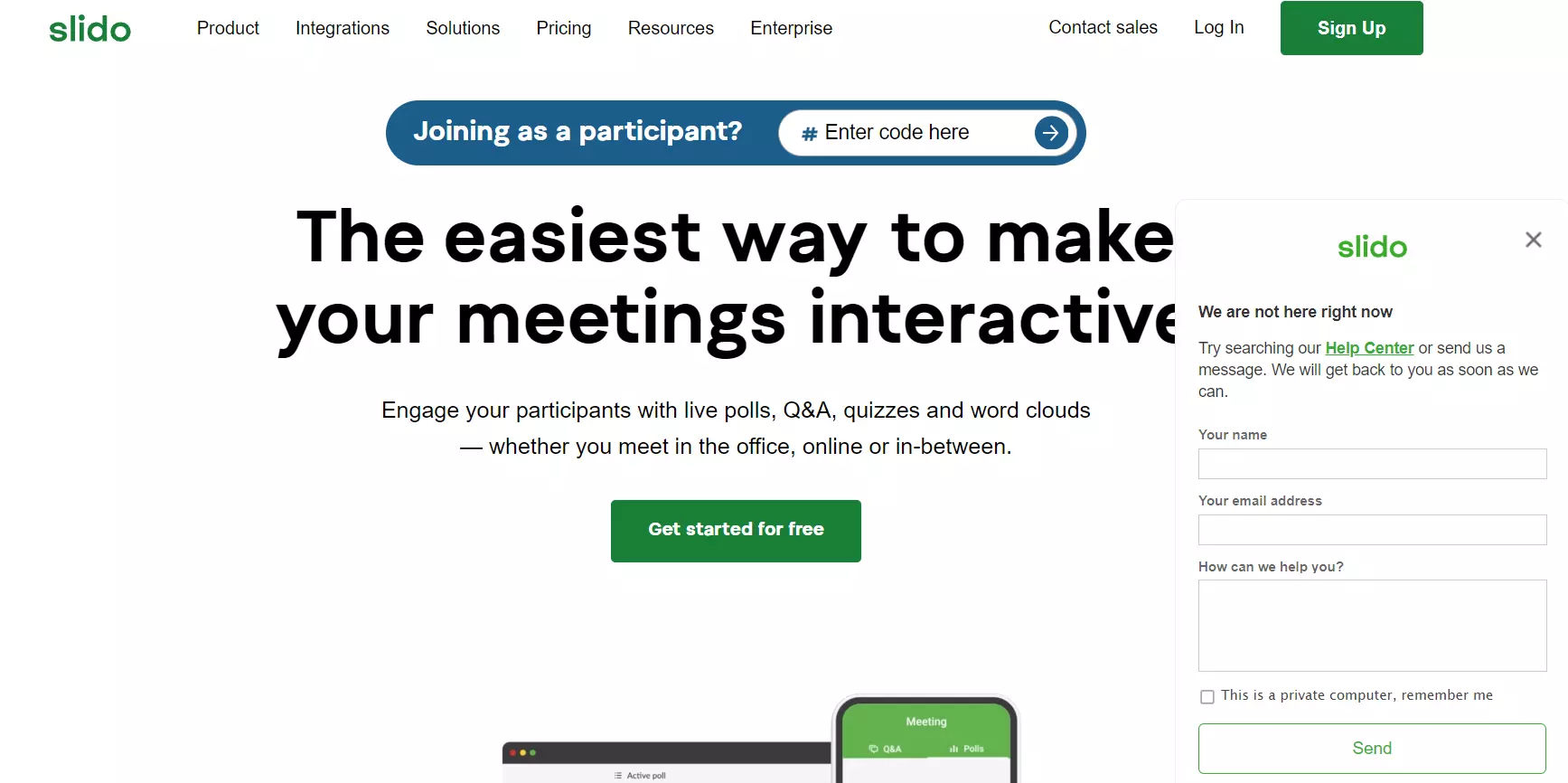 Trang chủ Slido với chatbox của họ