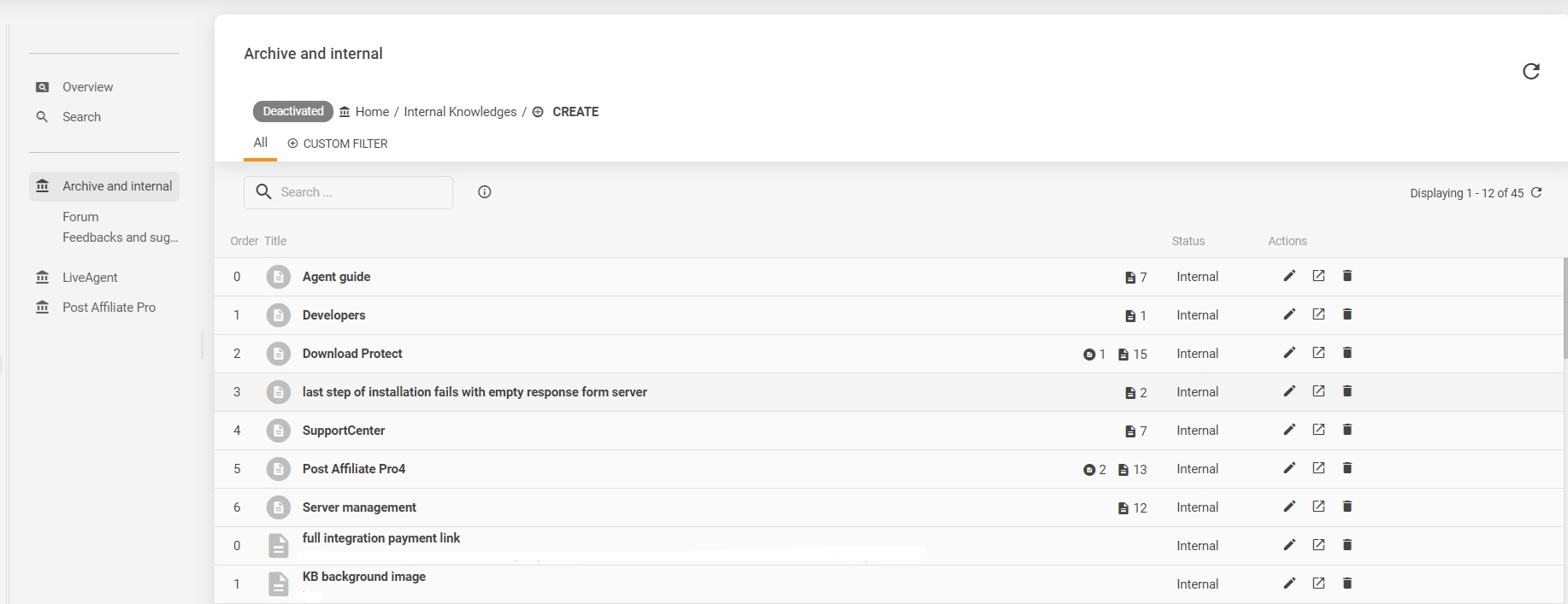 Ví dụ về cơ sở kiến thức nội bộ của LiveAgent