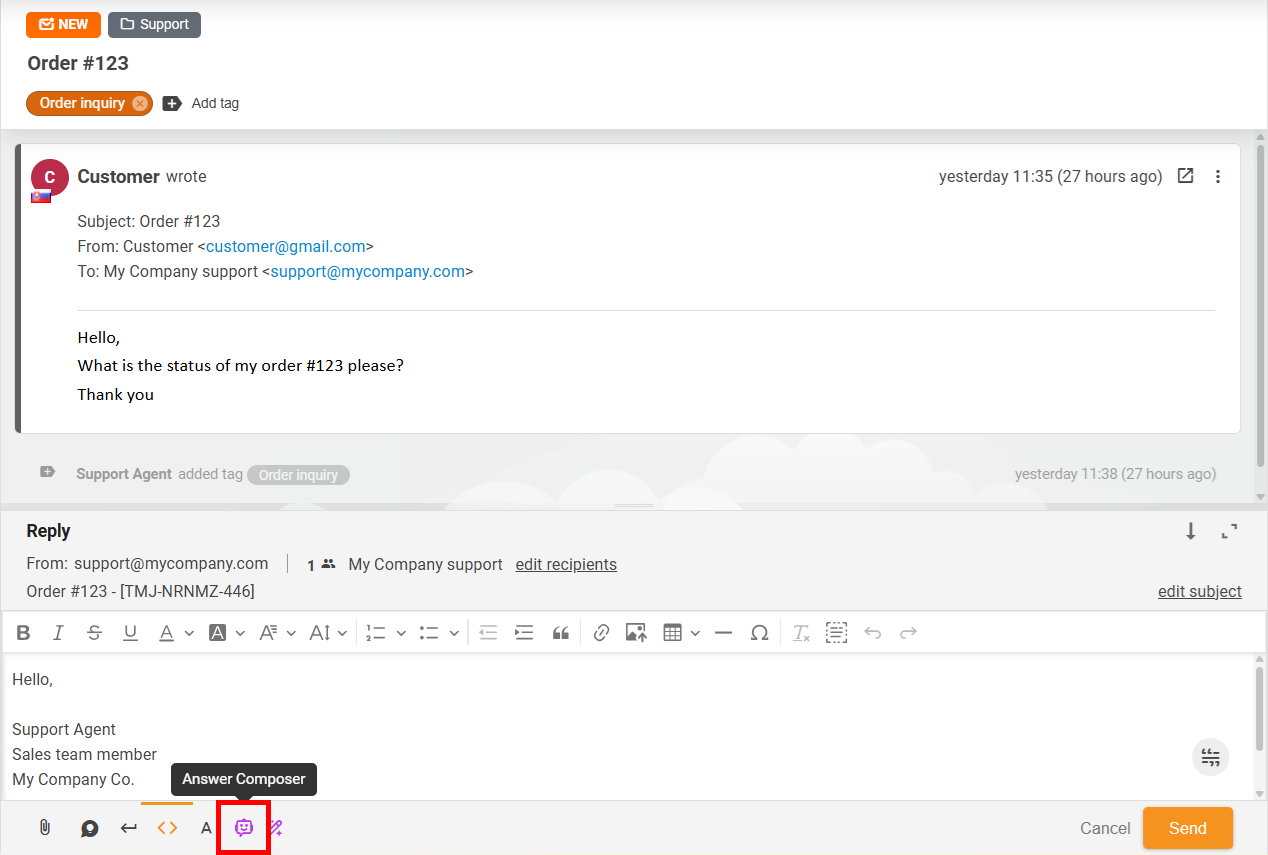 Nút Trình soạn thảo câu trả lời AI