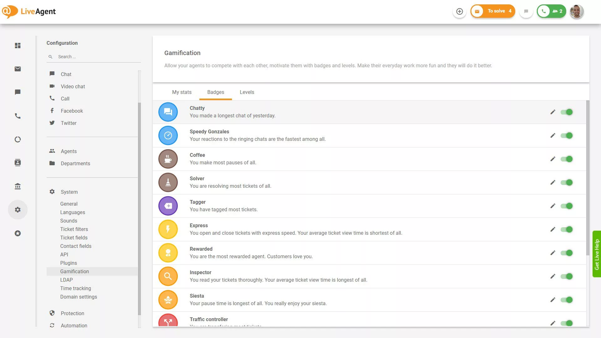 Danh sách các huy hiệu có sẵn trong LiveAgent