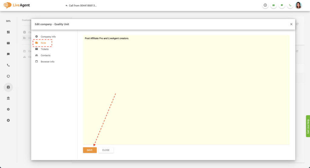 Company note in LiveAgent
