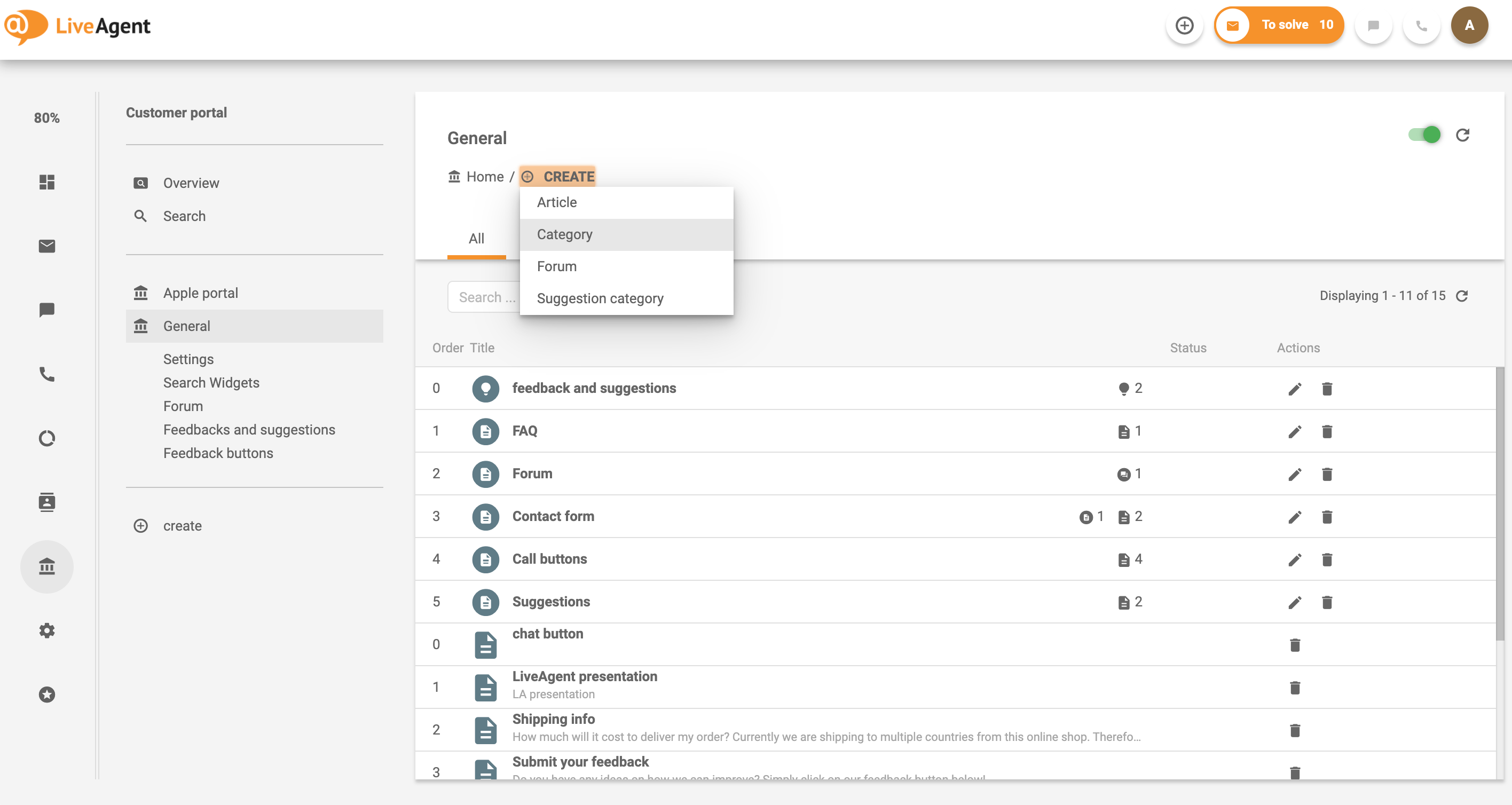 Ví dụ về tạo danh mục cho cổng thông tin khách hàng trong hệ thống cơ sở kiến thức LiveAgent