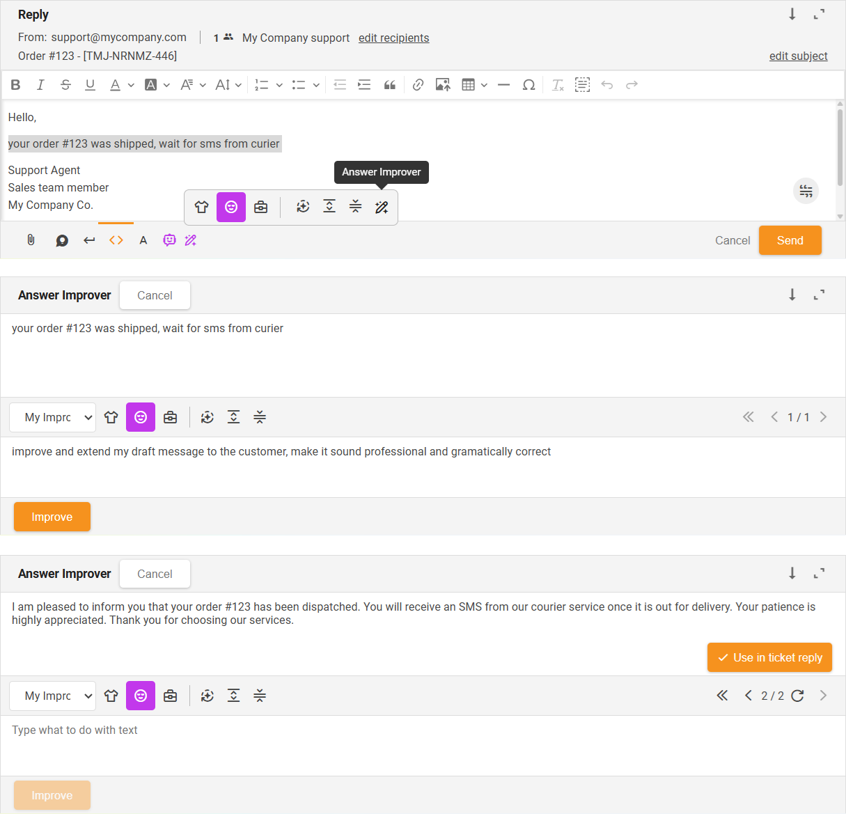 AI Answer Improver cho các nhân viên live chat