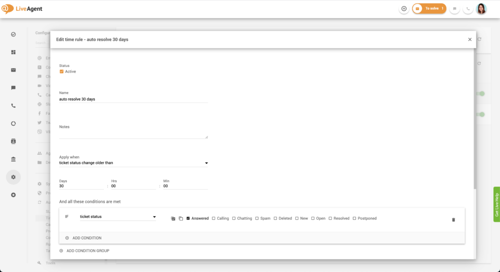 Chỉnh sửa quy tắc thời gian trong LiveAgent