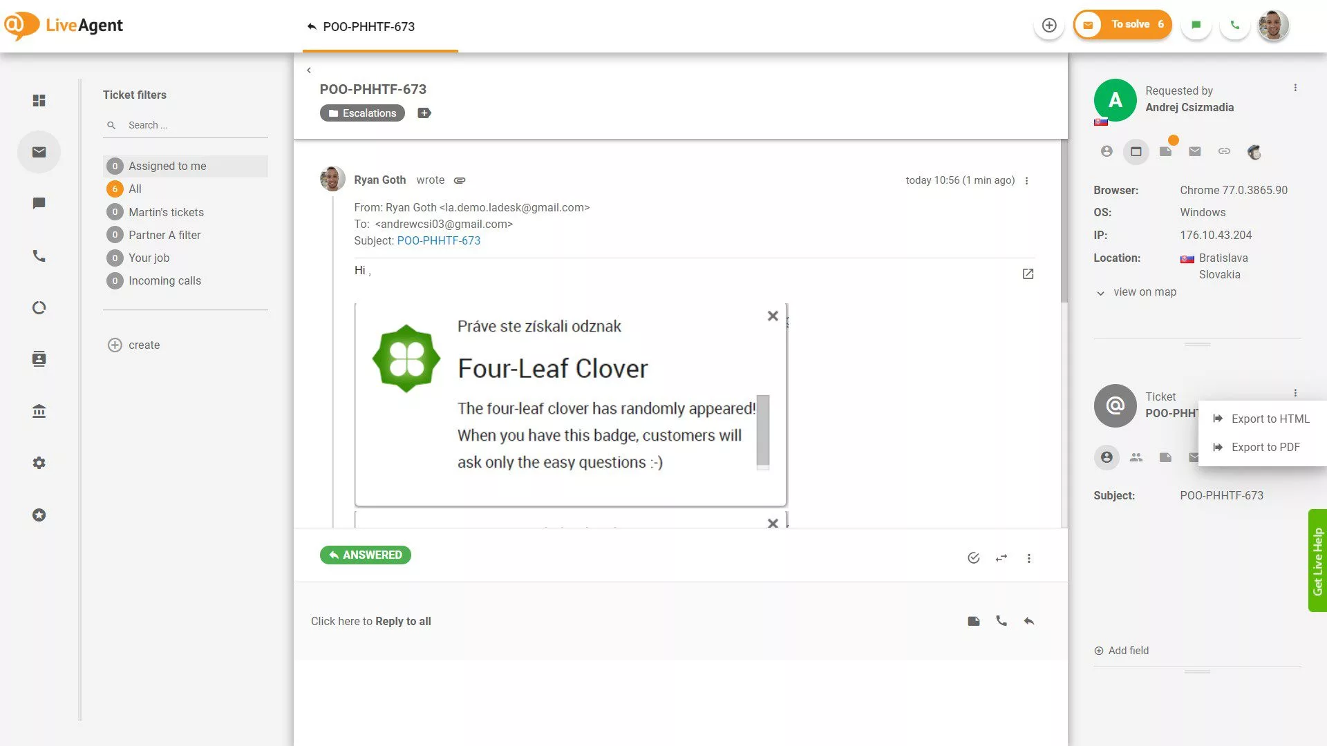 Tính năng xuất vé, cho phép xuất sang định dạng HTML và PDF