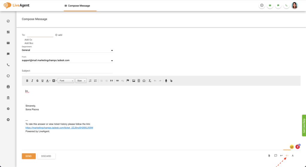 Nút trình chỉnh sửa HTML trong LiveAgent