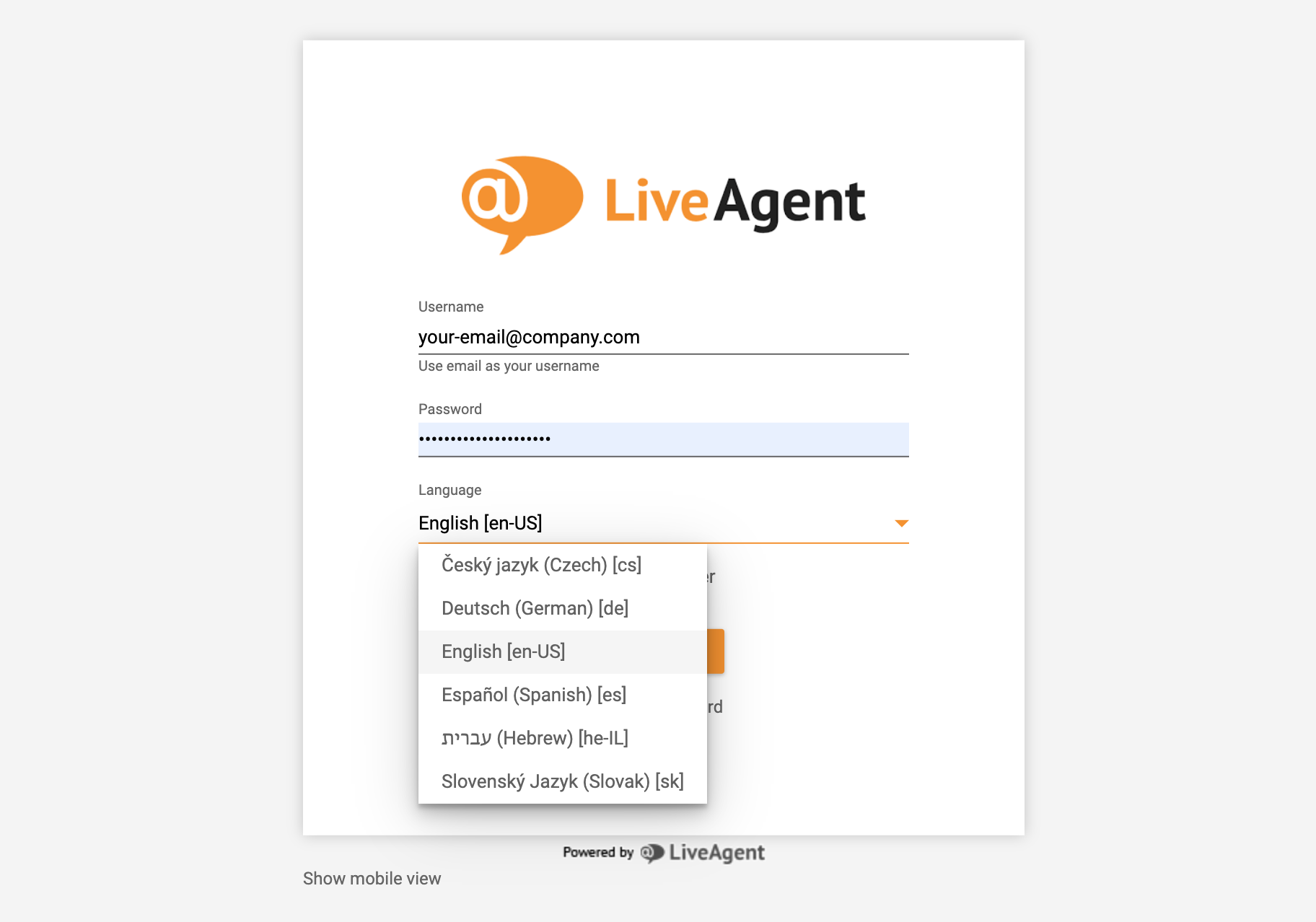 Đăng nhập LiveAgent - chọn ngôn ngữ