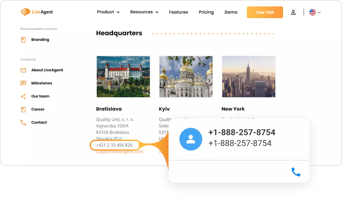 Thẻ liên hệ Click to call của LiveAgent