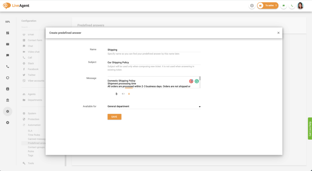 Thiết lập câu trả lời được xác định trước trong LiveAgent